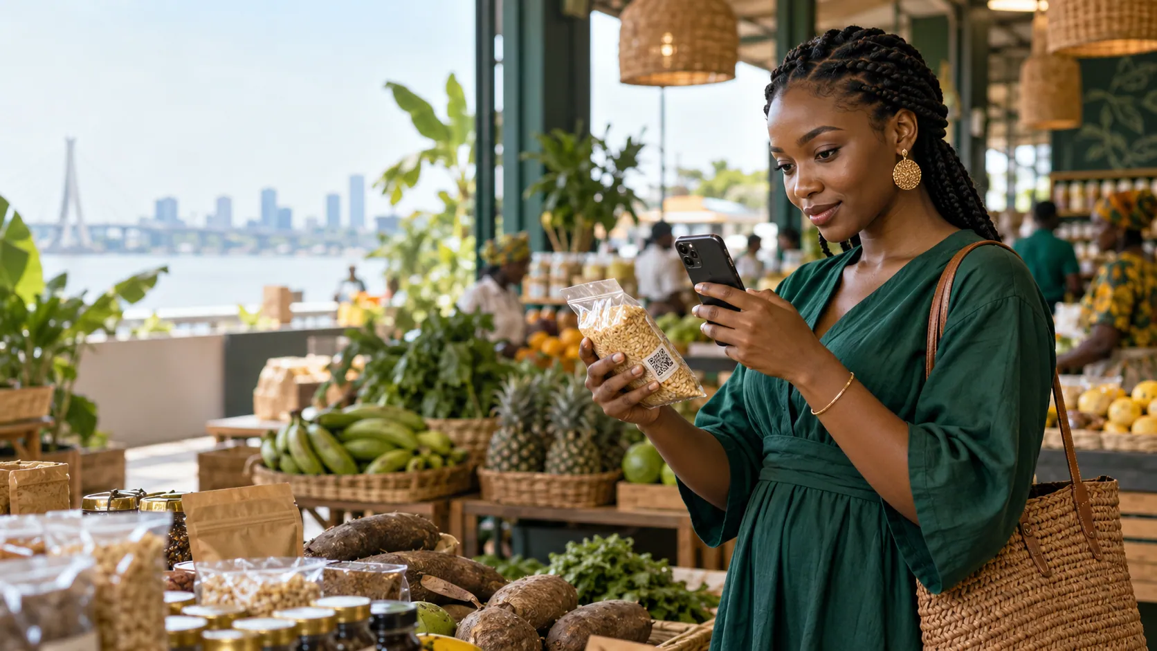 A consumer checks a local product on her phone in an African market.