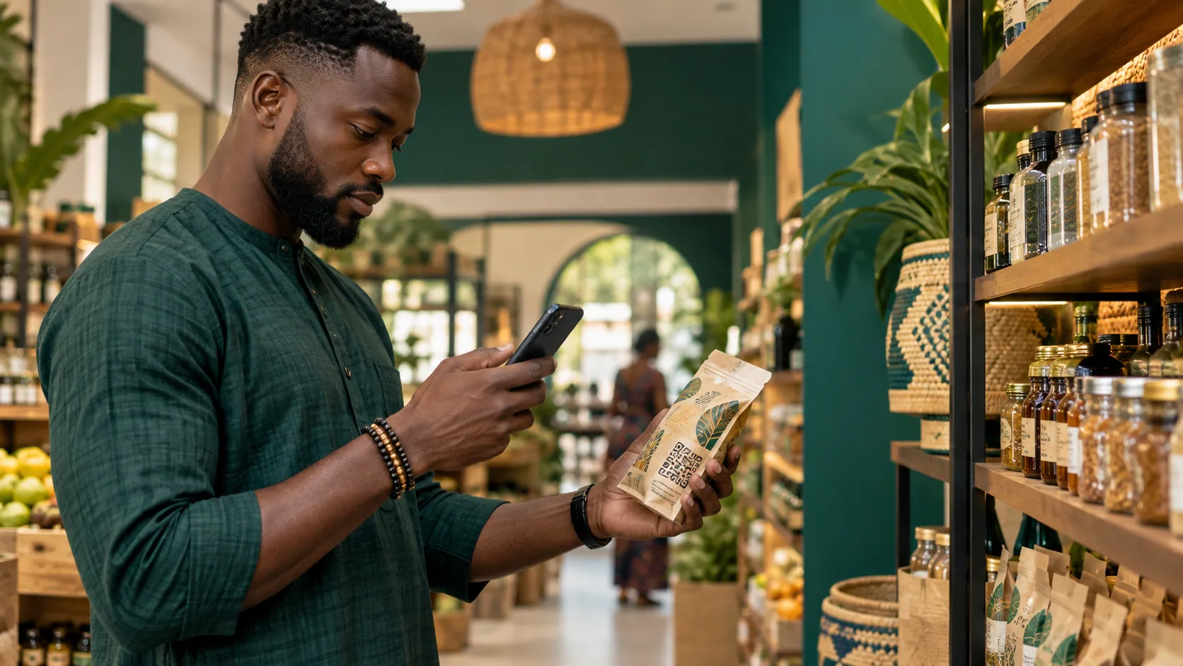 A consumer checks a product’s provenance in a store.