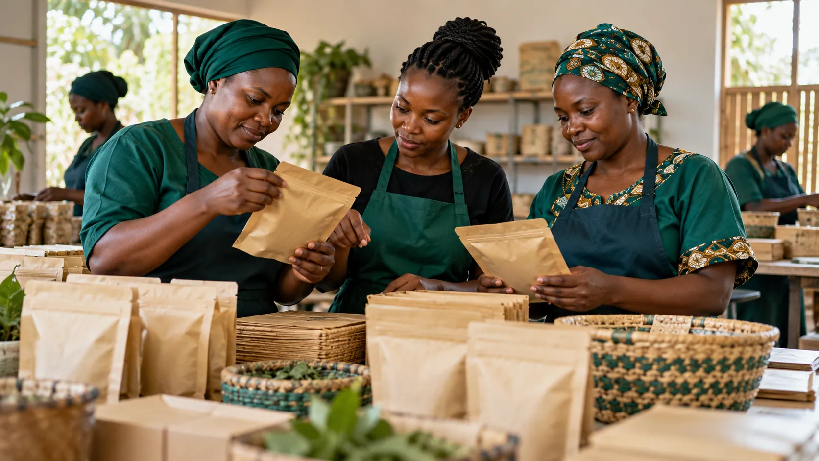 Women entrepreneurs inspect packaging together.