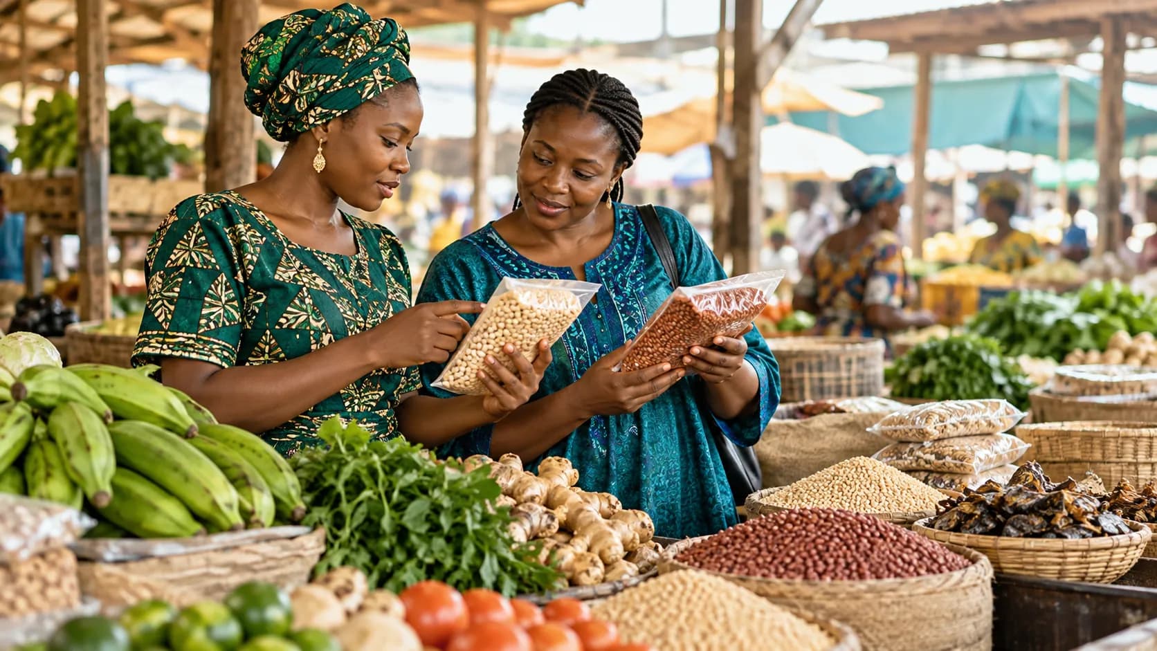 Two consumers compare products at a market.