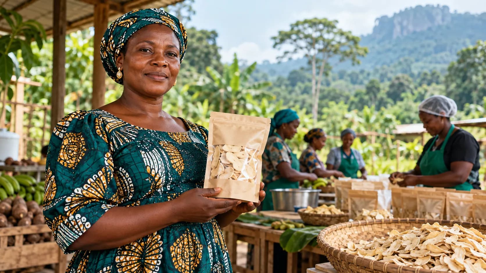 A Cameroonian producer presents a packaged local product.