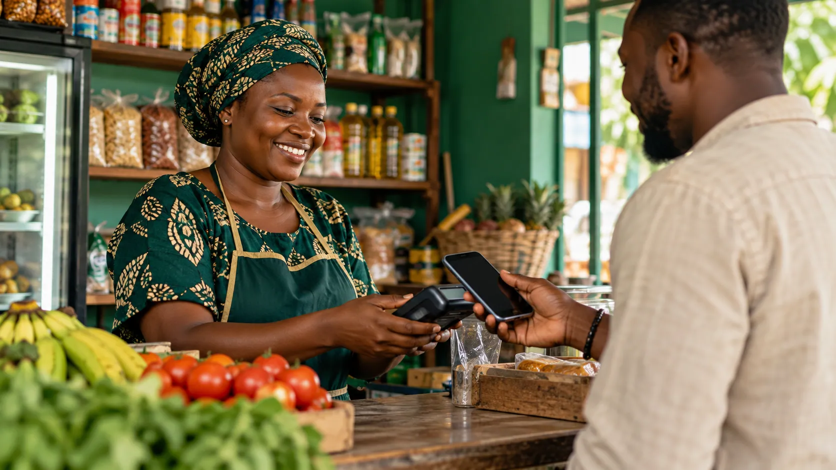 A merchant accepts a mobile payment in her shop.