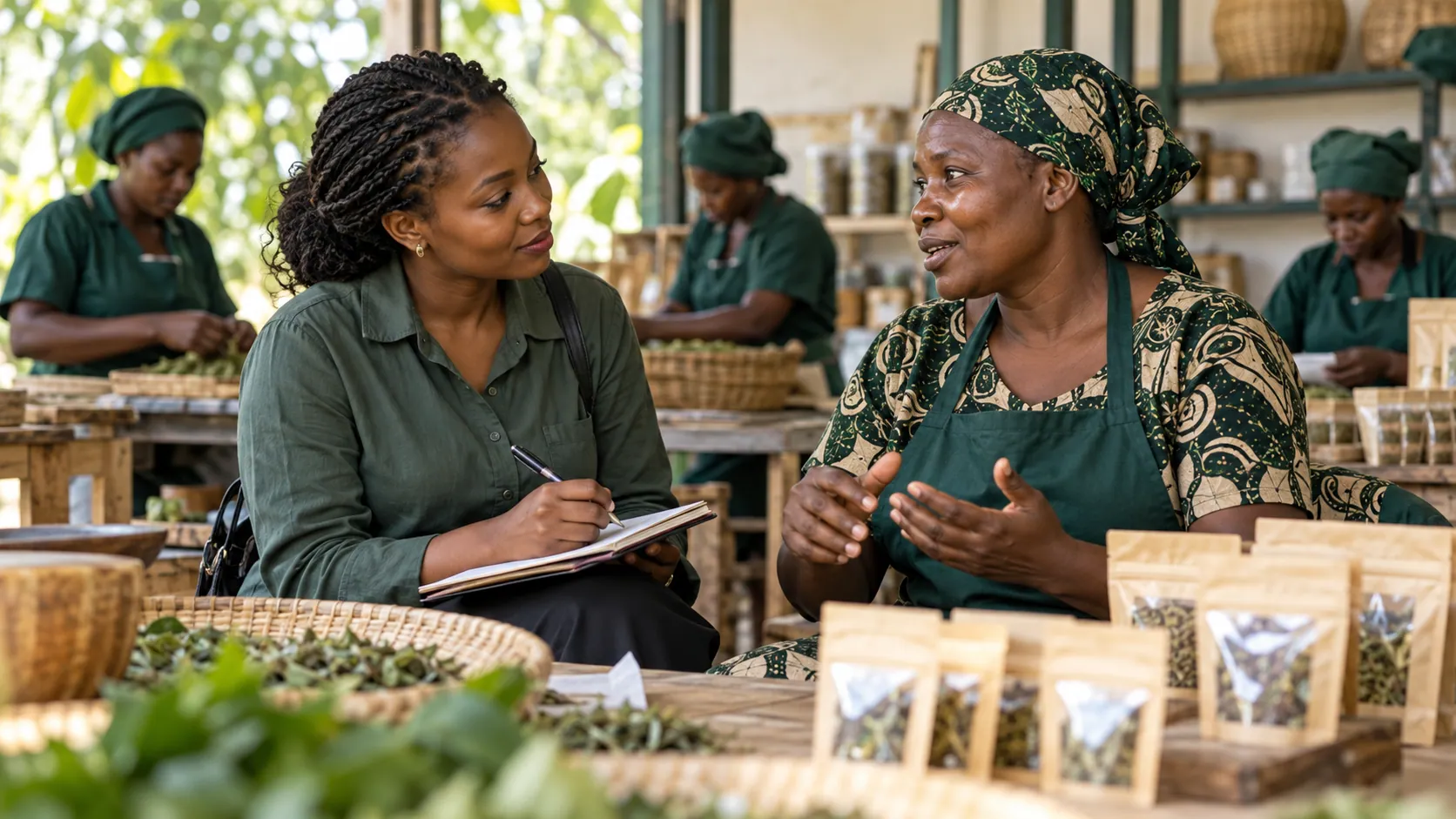 A researcher interviews a producer in a cooperative.